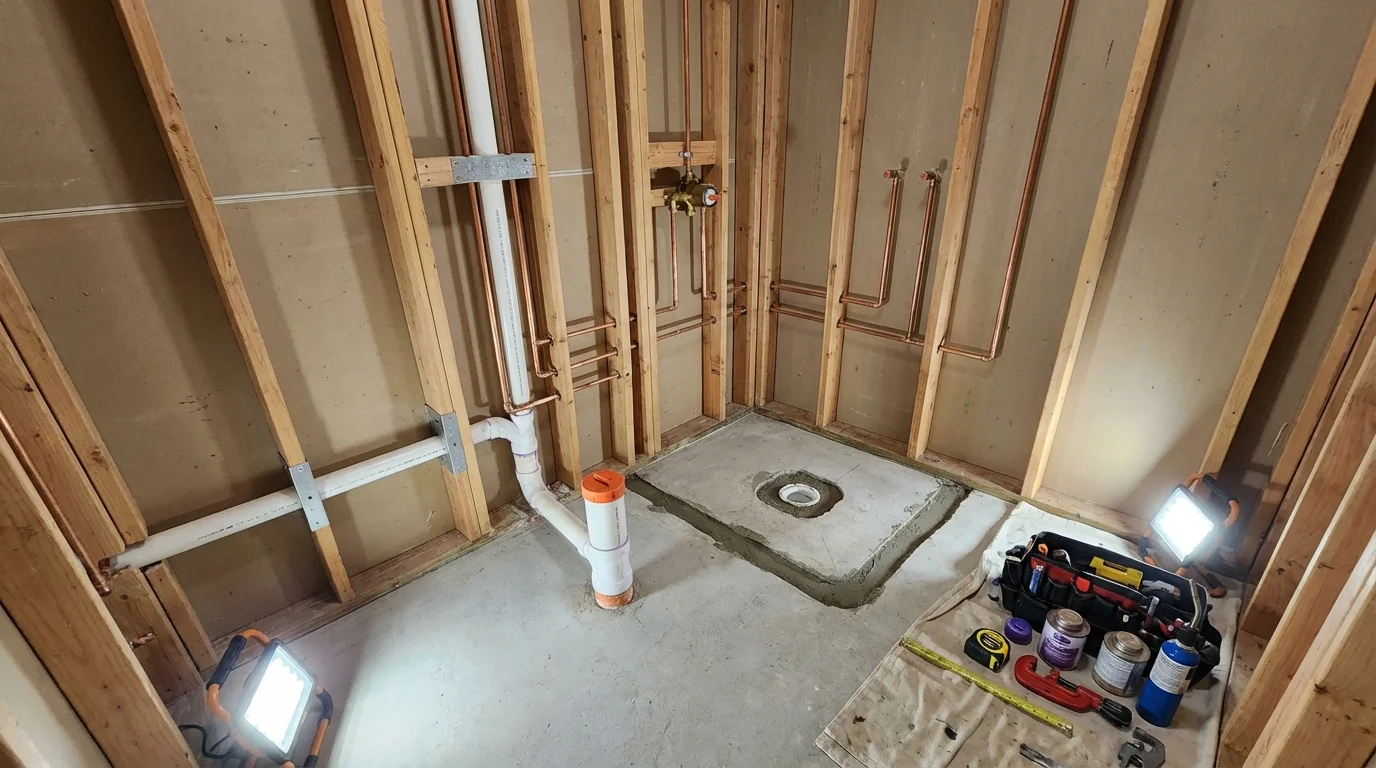 Bathroom rough-in plumbing during remodel by Johns Plumbing LLC in Bison