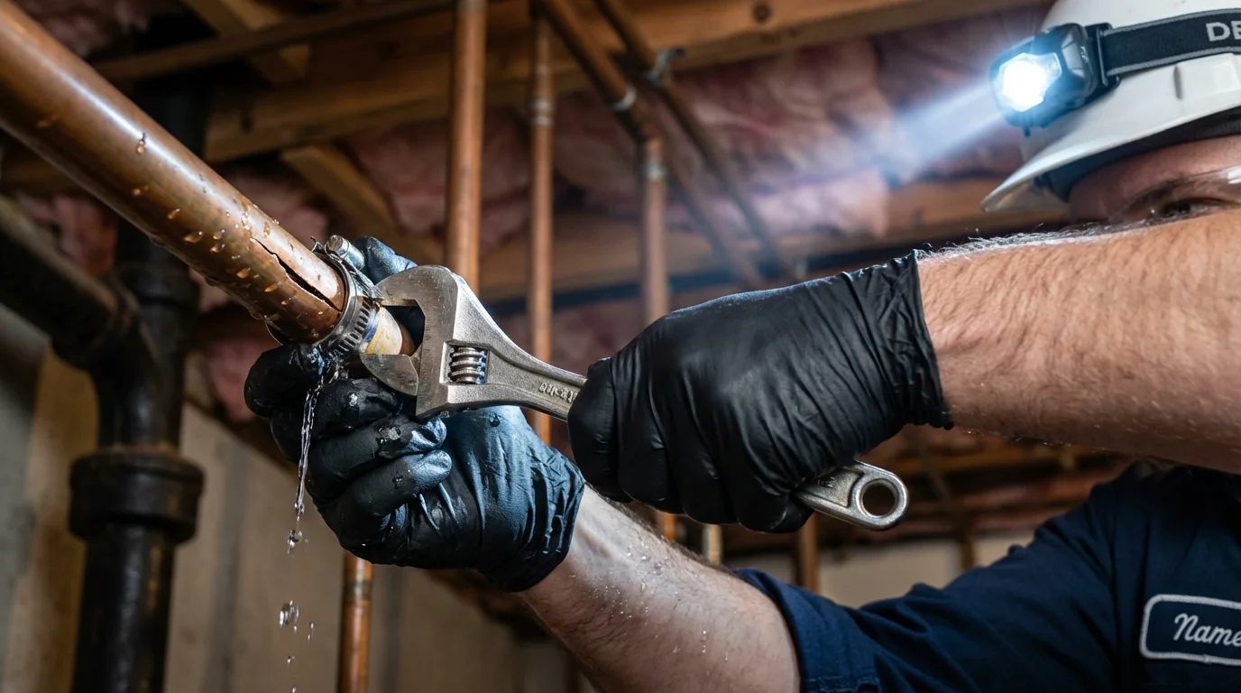 Emergency pipe clamp repair being performed by a Johns Plumbing LLC plumber in Bison