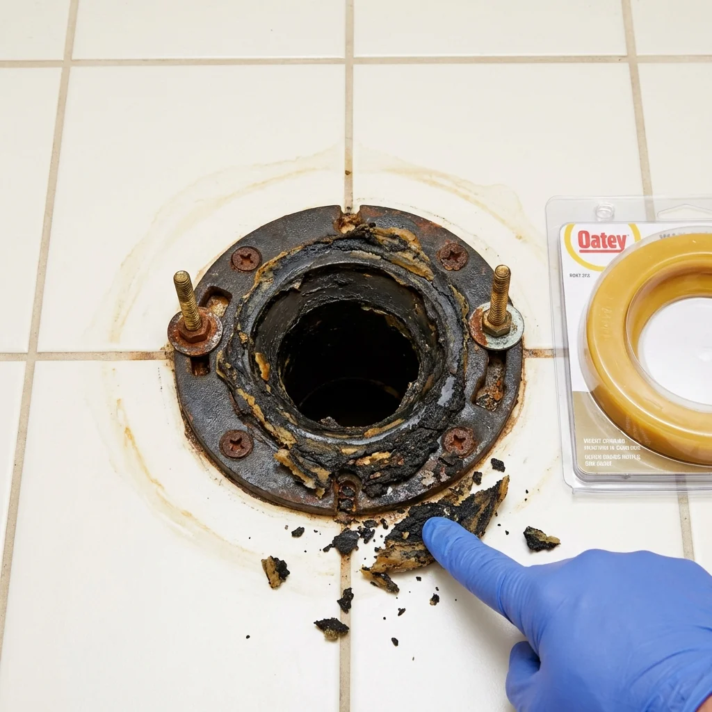 Failed wax ring showing water seepage at the base of a toilet in a Bison, SD home