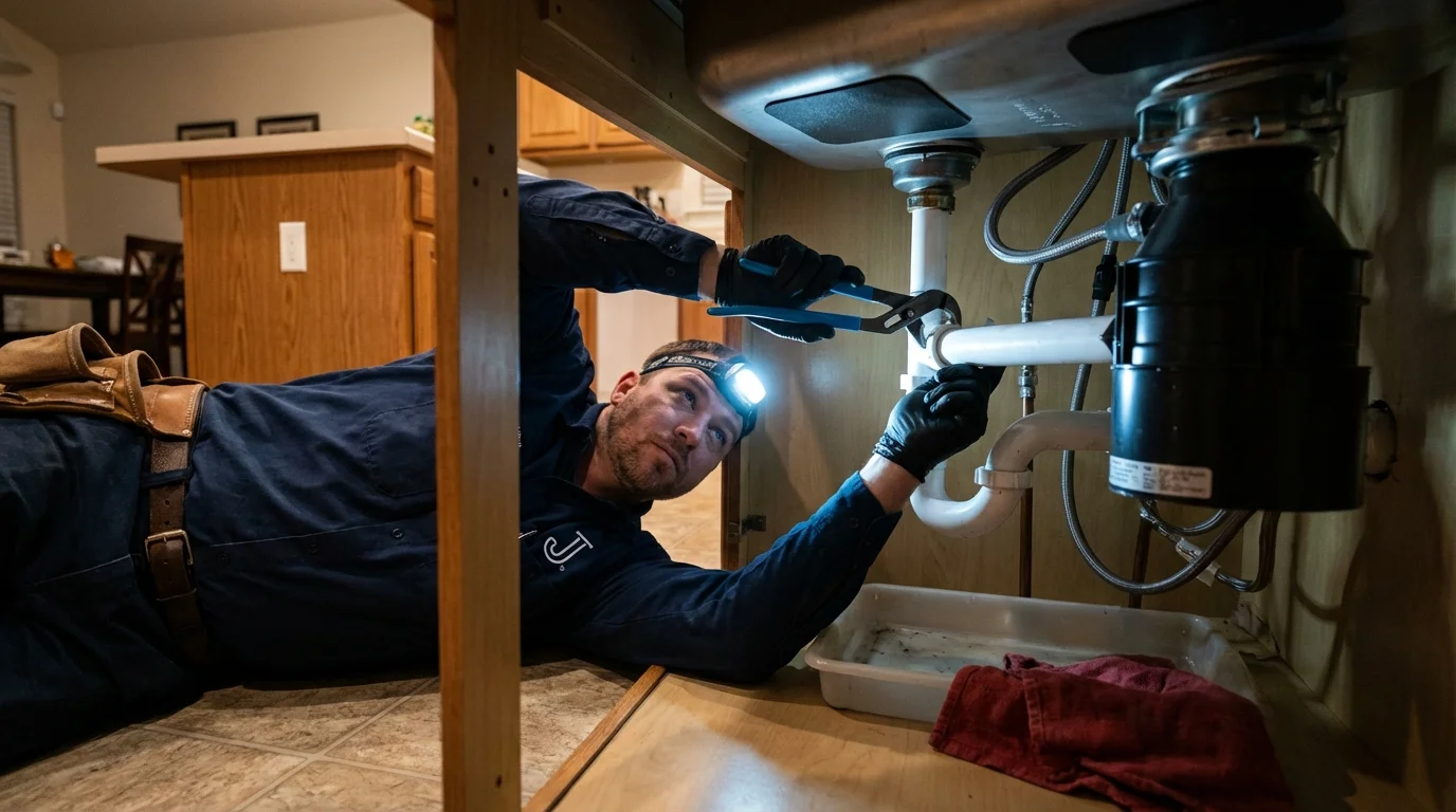 P-trap and supply line connections under a kitchen sink showing a common leak point in Bison, SD